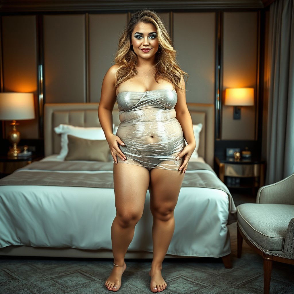 A full-length, striking photograph of a confident and curvy 18-year-old woman with very thick, long, messy dirty blond hair that falls around her shoulders