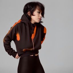 A woman with short, boyish hair in black and orange hues, dressed in a black hoodie reminiscent of a Kit Kat bar and matching leggings