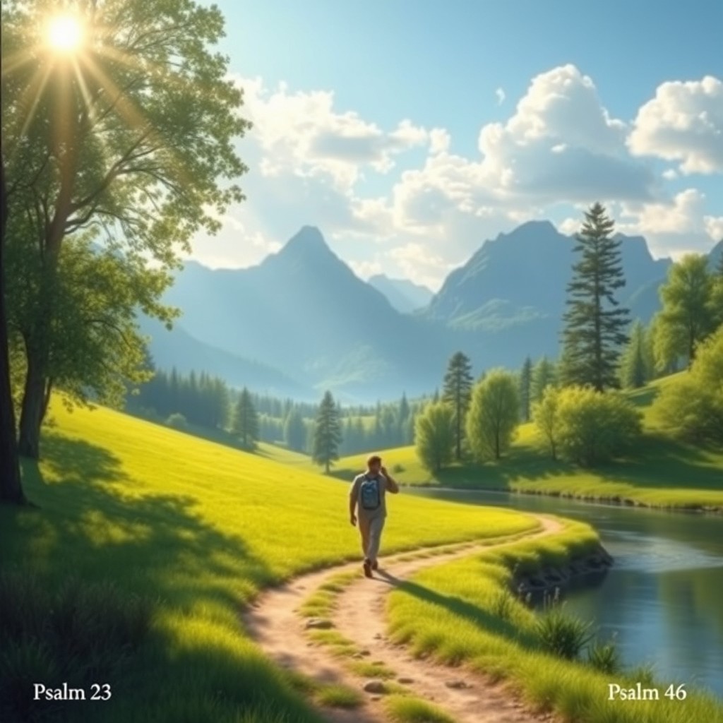 A serene and peaceful scene inspired by the themes of Psalm 23 and Psalm 46, depicting a beautiful, tranquil landscape with a lush green meadow, gentle streams, and a tranquil water body, symbolizing refuge and guidance