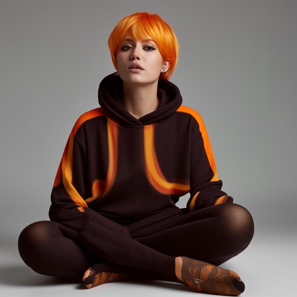 A woman with short, boyish hair in black and orange hues, dressed in a black hoodie reminiscent of a Kit Kat bar and matching leggings