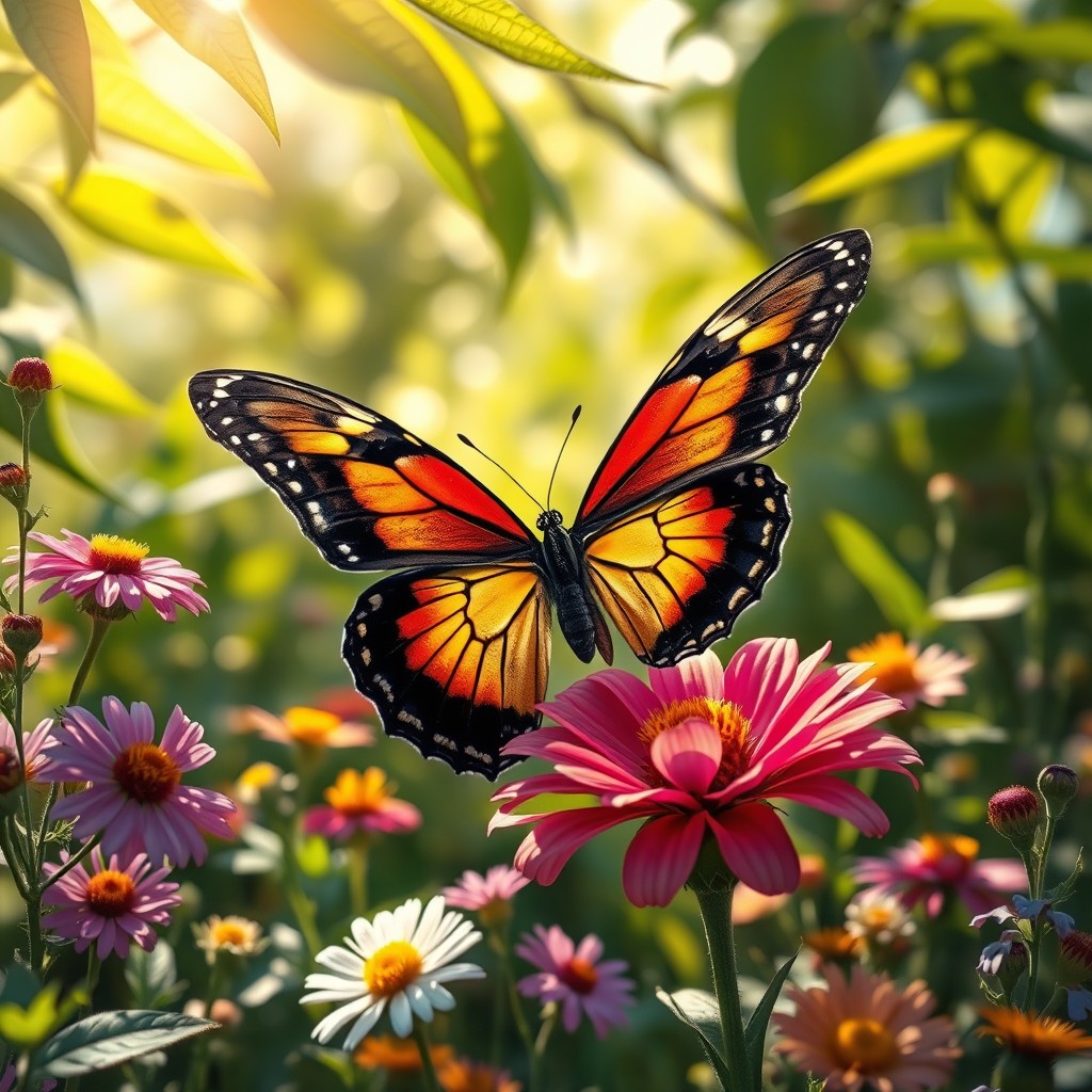 A stunning and realistic portrayal of a butterfly perched on a vibrant flower in a lush natural environment