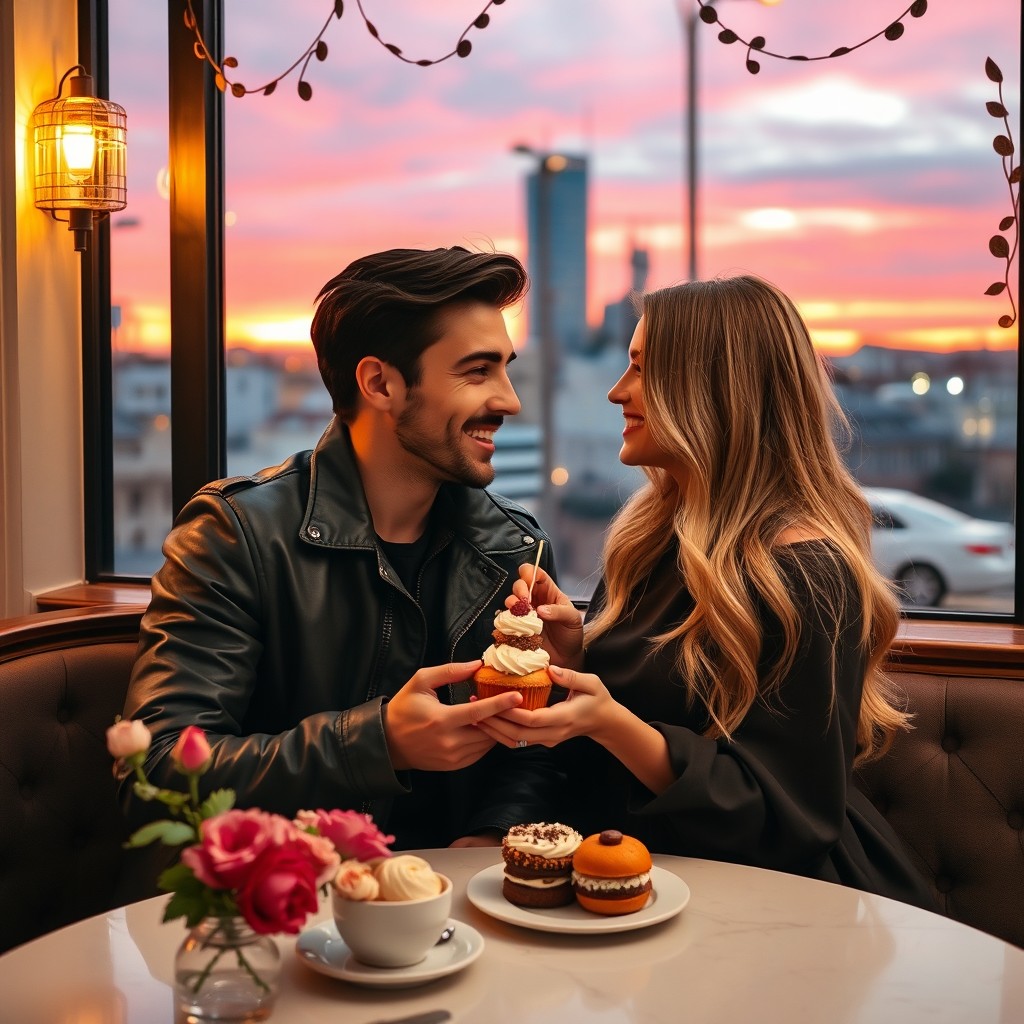 A romantic and intimate scene of a couple sitting together in a cozy cafe, sharing a dessert while gazing into each other's eyes