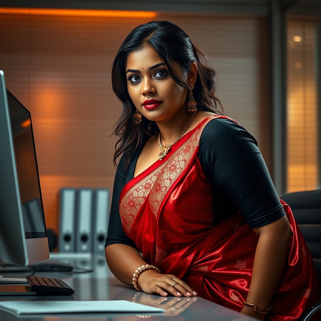 A hyper-realistic editorial portrait of a curvy South Indian woman in a glossy red saree adorned with intricate golden embroidery and a stylish black deep-neck blouse