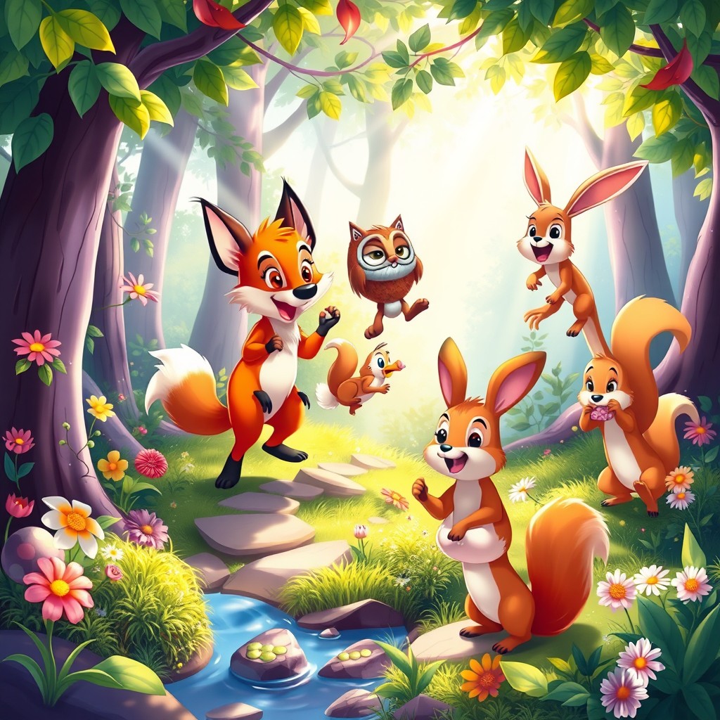 A vibrant animation scene depicting a group of friendly cartoon animals having fun in a colorful forest