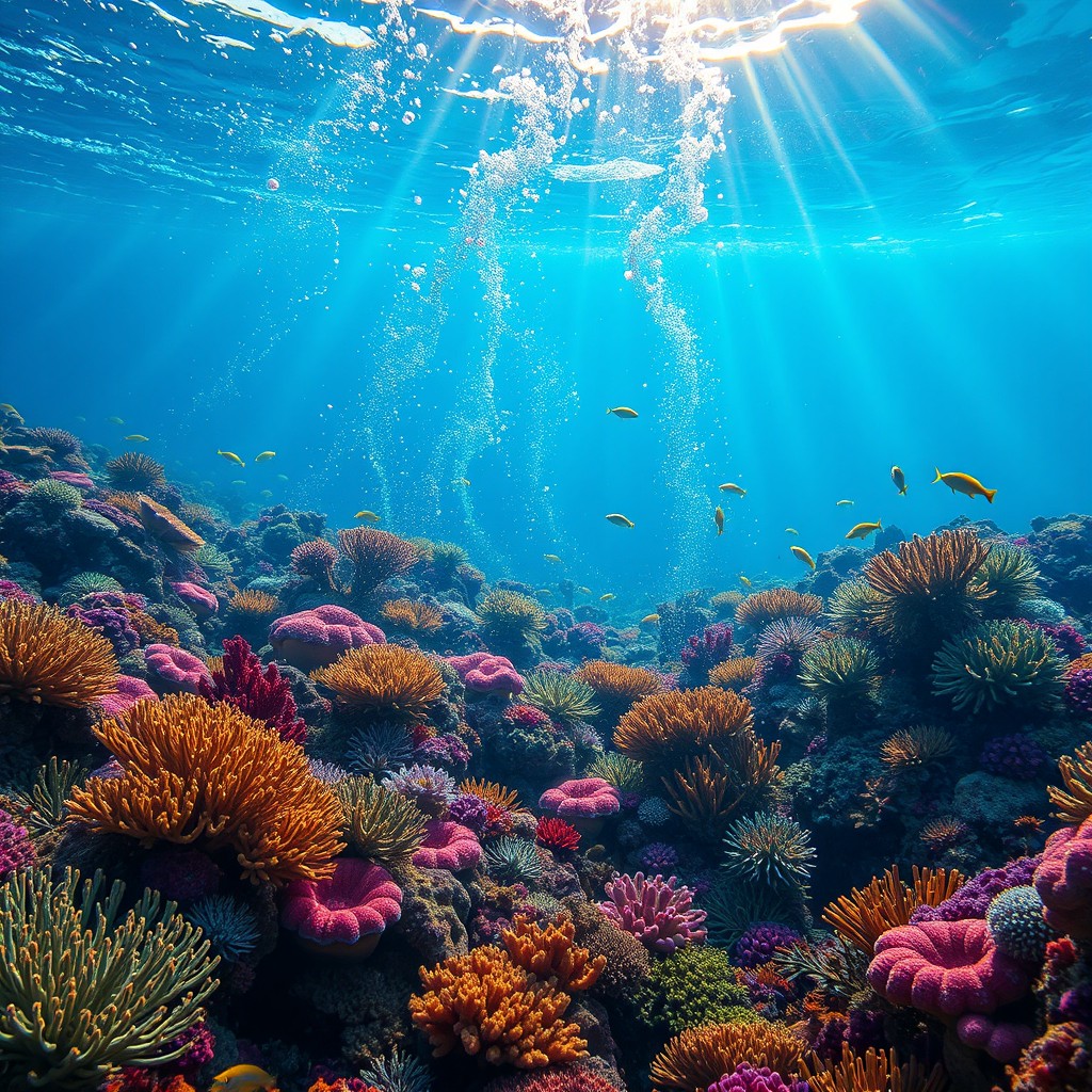 An underwater scene depicting a vibrant coral field scattered with a variety of colorful corals and swaying seaweed
