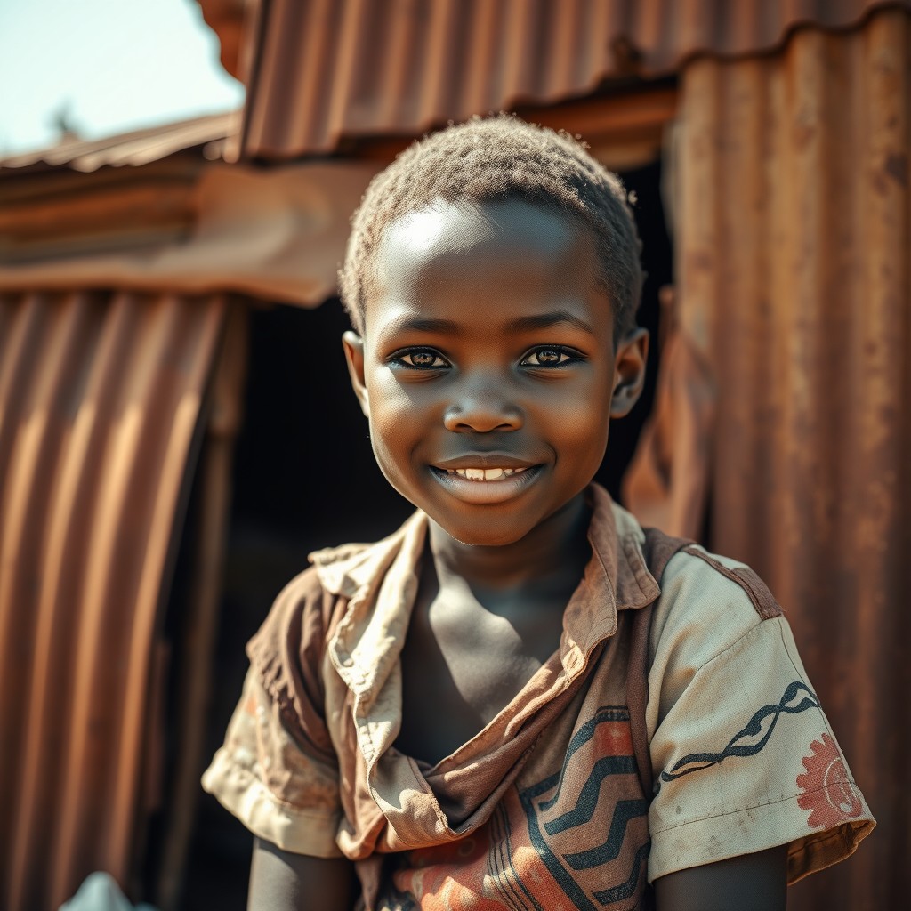 A very pretty African girl sitting in front of a rustic shack made of rusty corrugated iron, illuminated by the bright midday sun