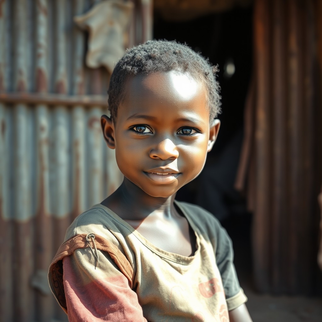 A very pretty, poorly dressed African girl sitting in front of a rustic shack made of rusty corrugated iron, illuminated by the bright midday sun
