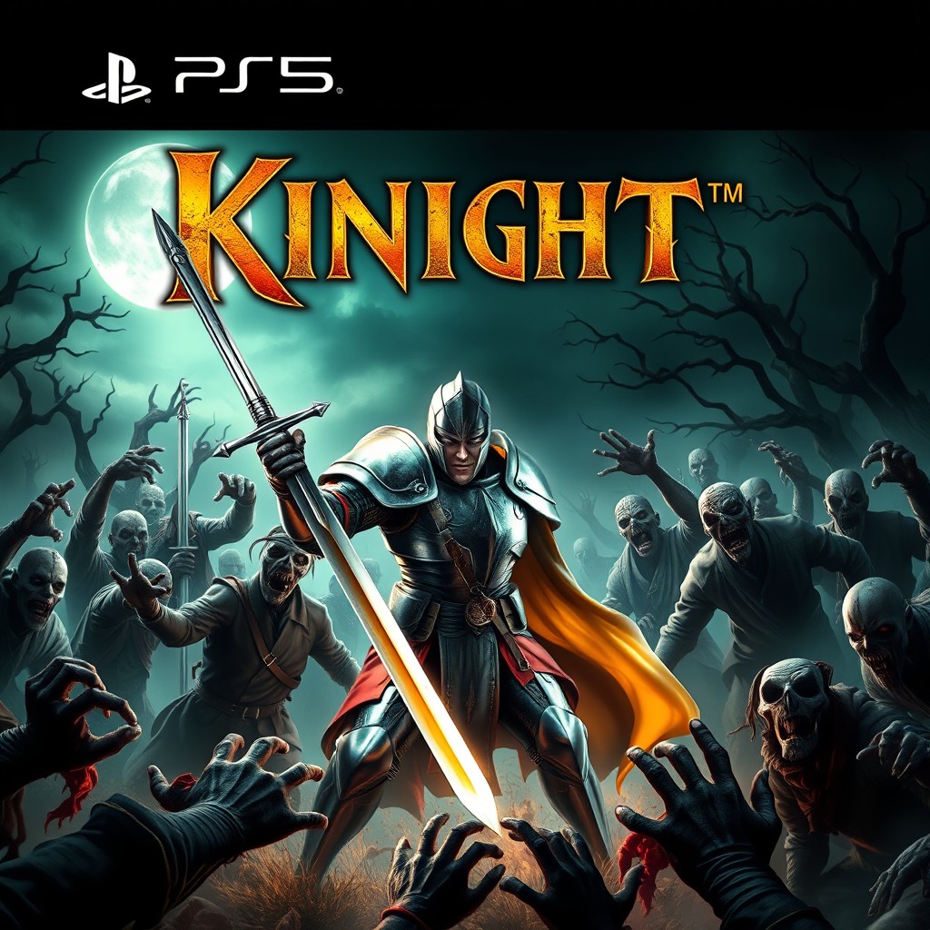 A striking cover design for a PS5 game featuring a heroic knight in shining armor, brandishing a sword, engaged in a fierce battle against hordes of zombies