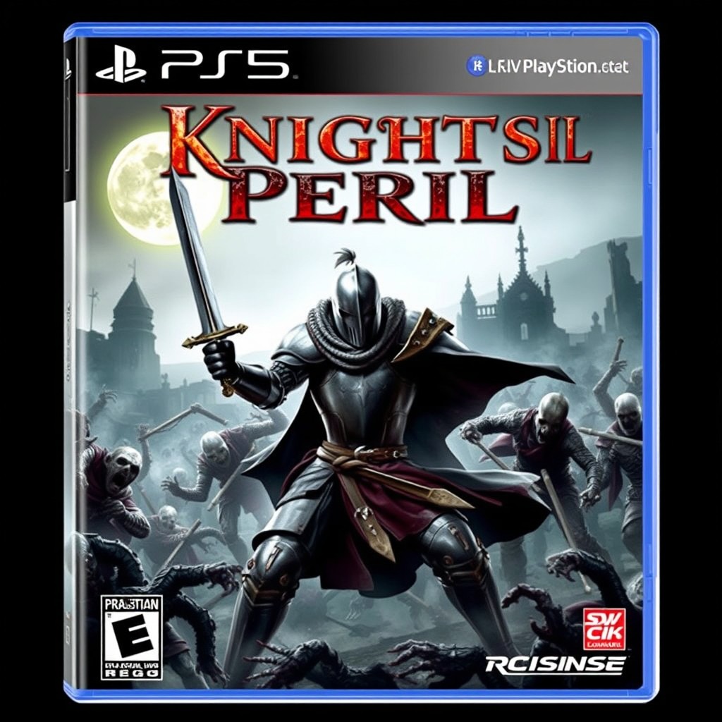 A PS5 game cover featuring a knight in partial armor, showcasing a fierce battle against a horde of zombies