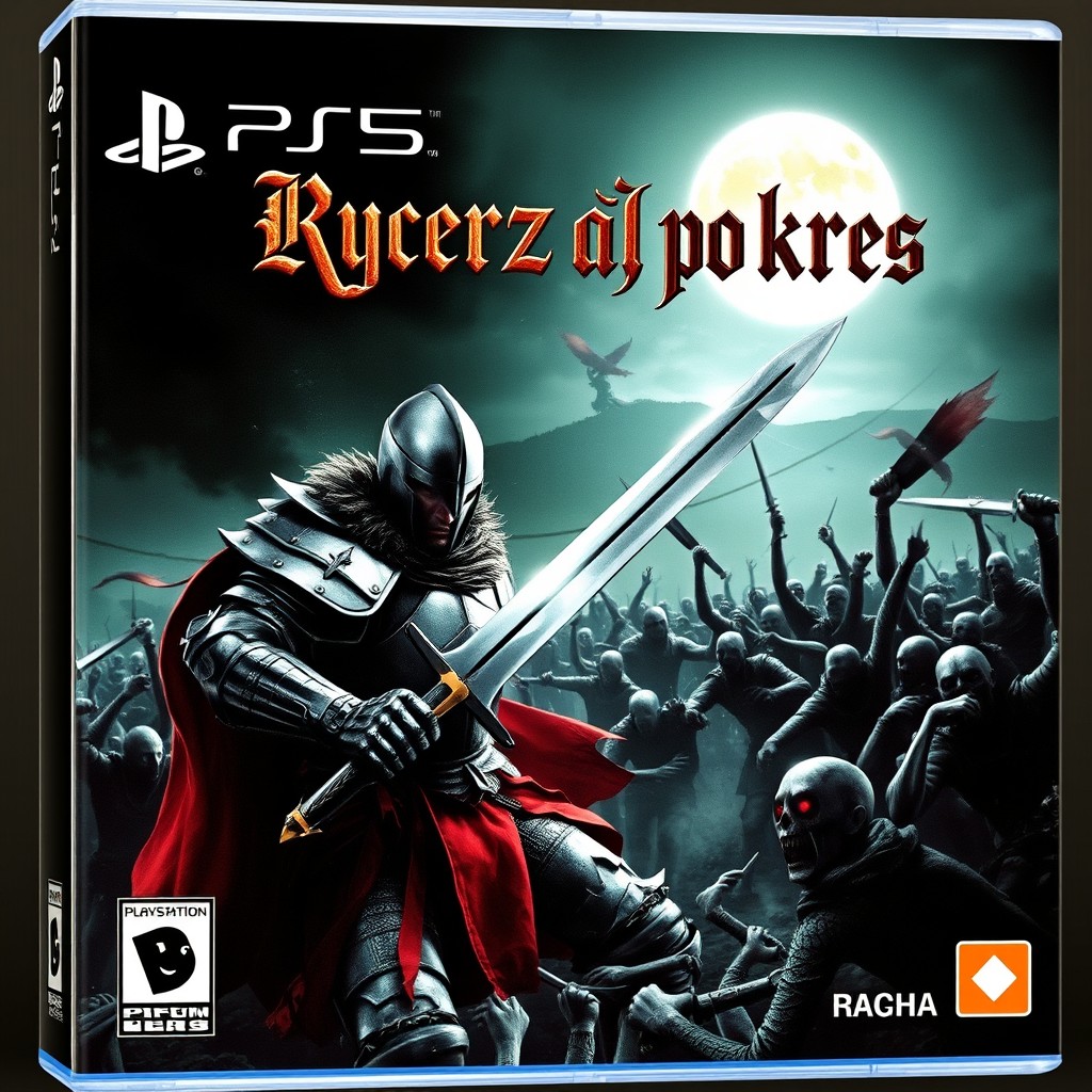 A PlayStation 5 game cover featuring a heroic knight in full armor, engaged in an epic battle against a horde of zombies