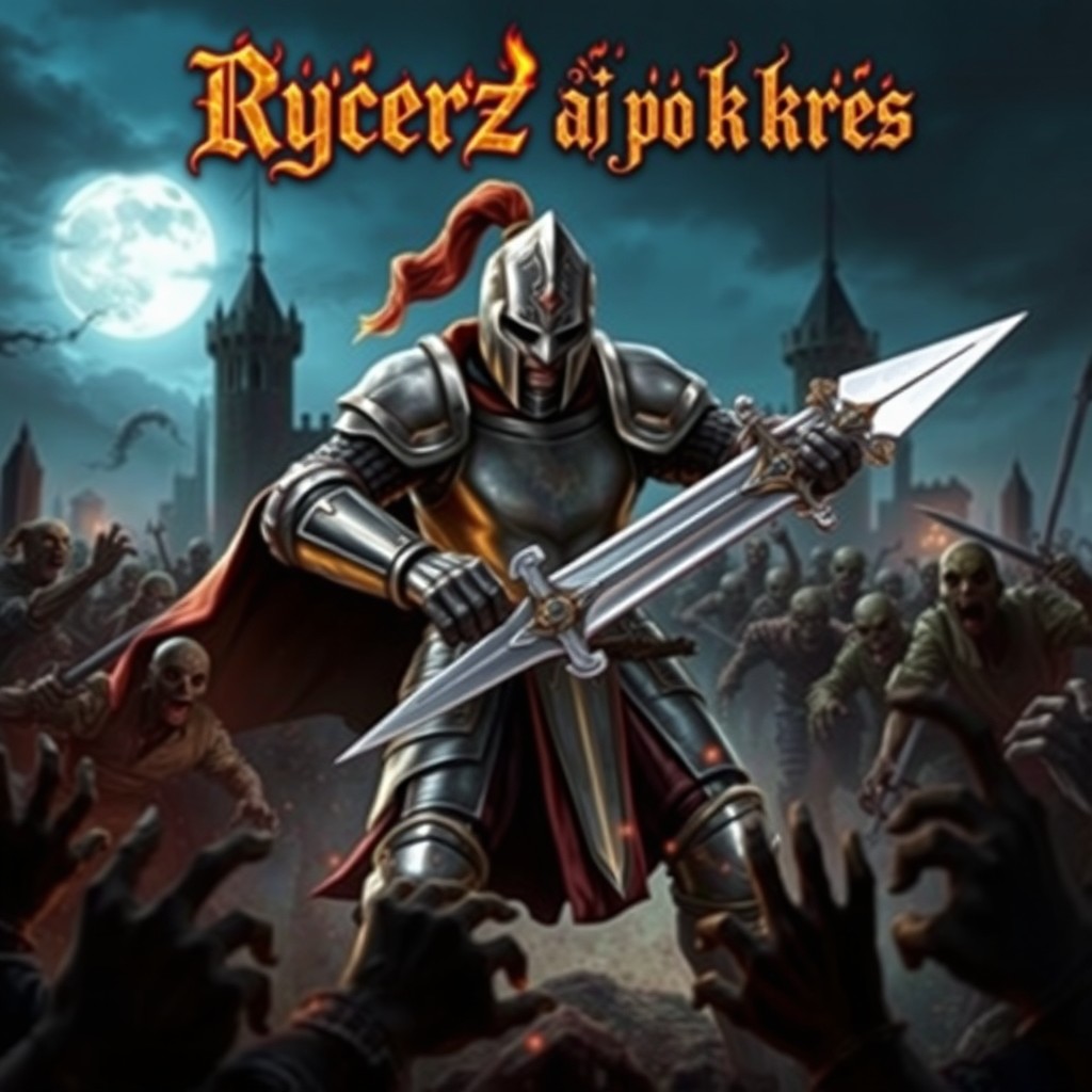 A game cover featuring a heroic knight in shining armor engaging in an epic battle against a horde of zombies