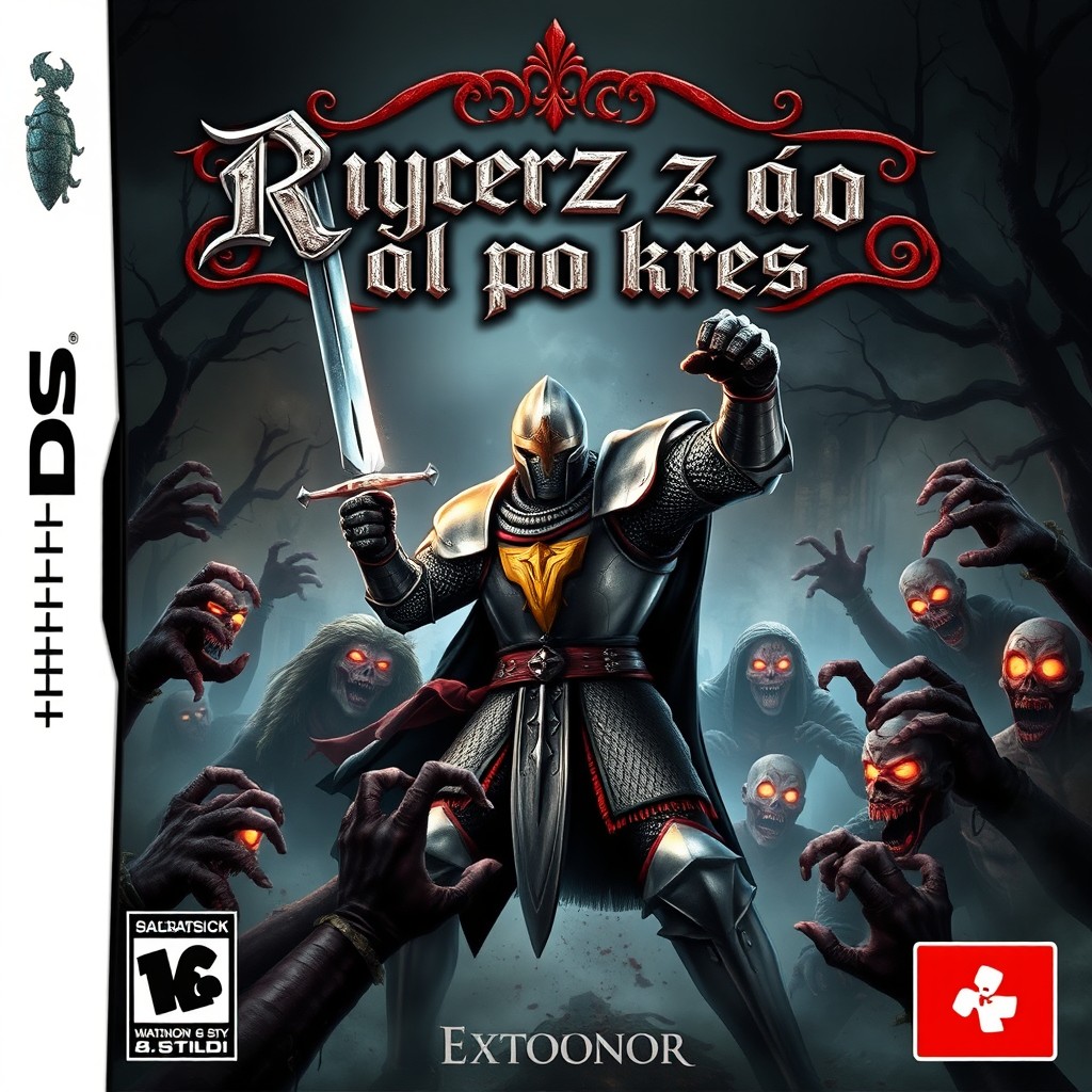 A dynamic and intense video game cover featuring a heroic knight in shining armor, wielding a gleaming sword, valiantly battling a horde of menacing zombies