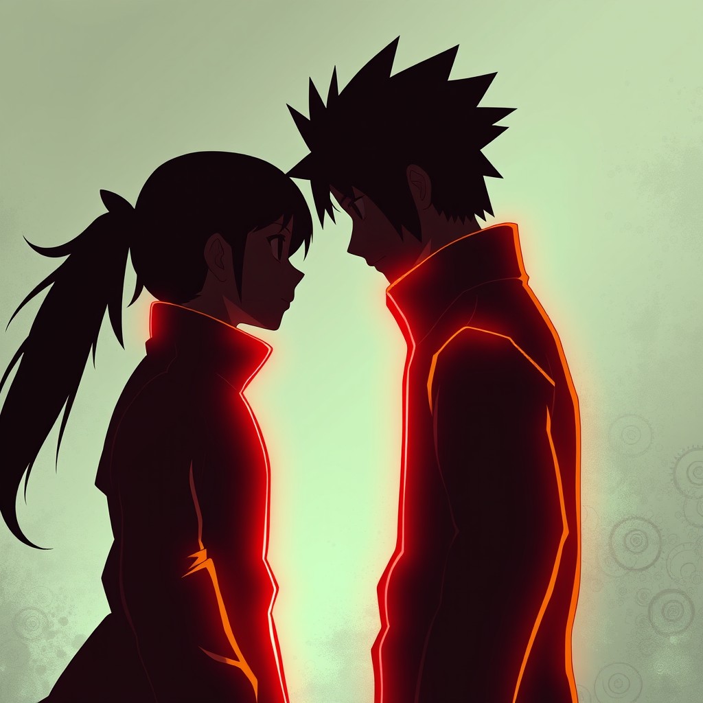 A minimalist anime poster featuring the silhouettes of Naruto and Tohru facing each other, with glowing outlines highlighting their figures
