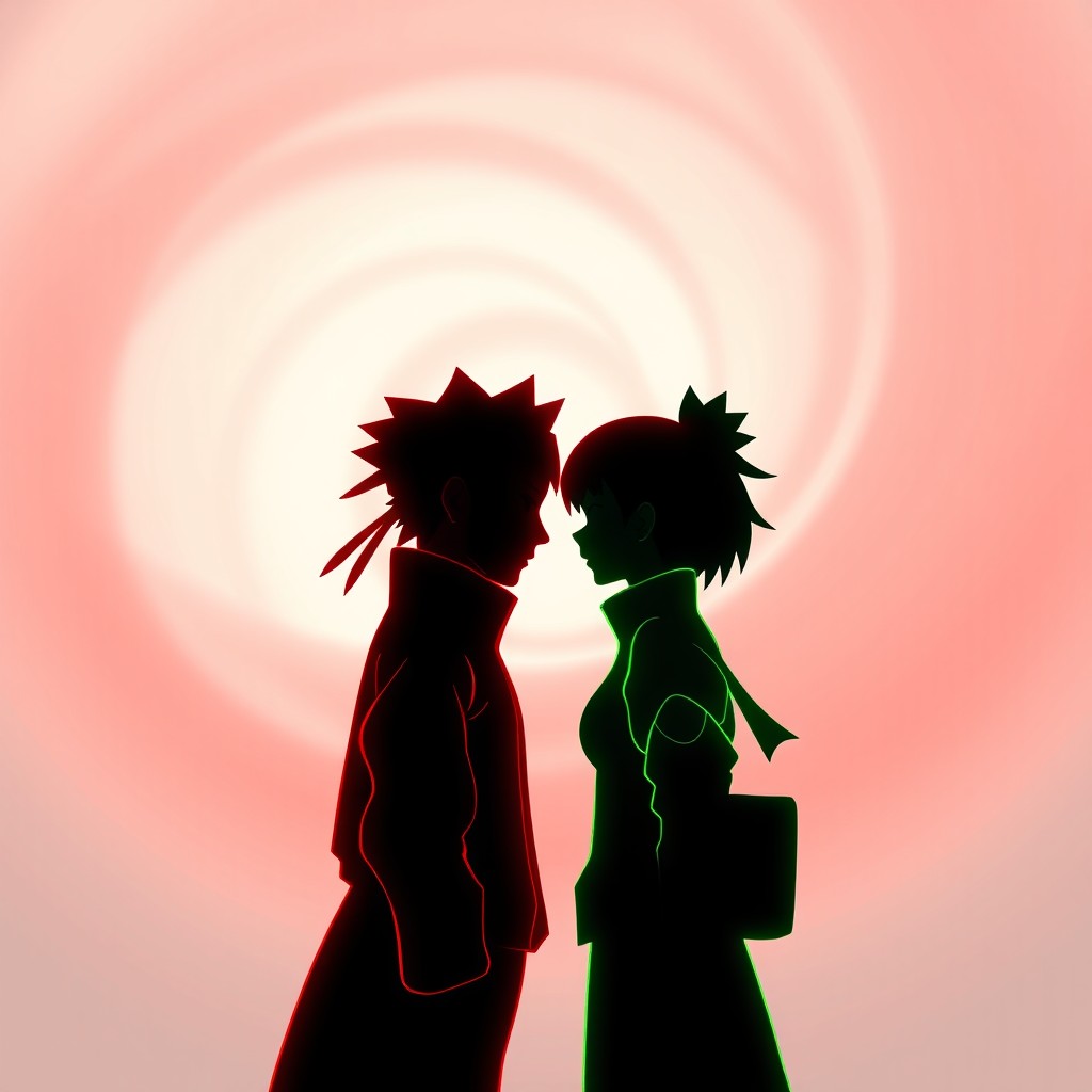 A minimalist anime poster featuring the silhouettes of Naruto from the anime Naruto and Tohru from Miss Kobayashi’s Dragon Maid facing each other