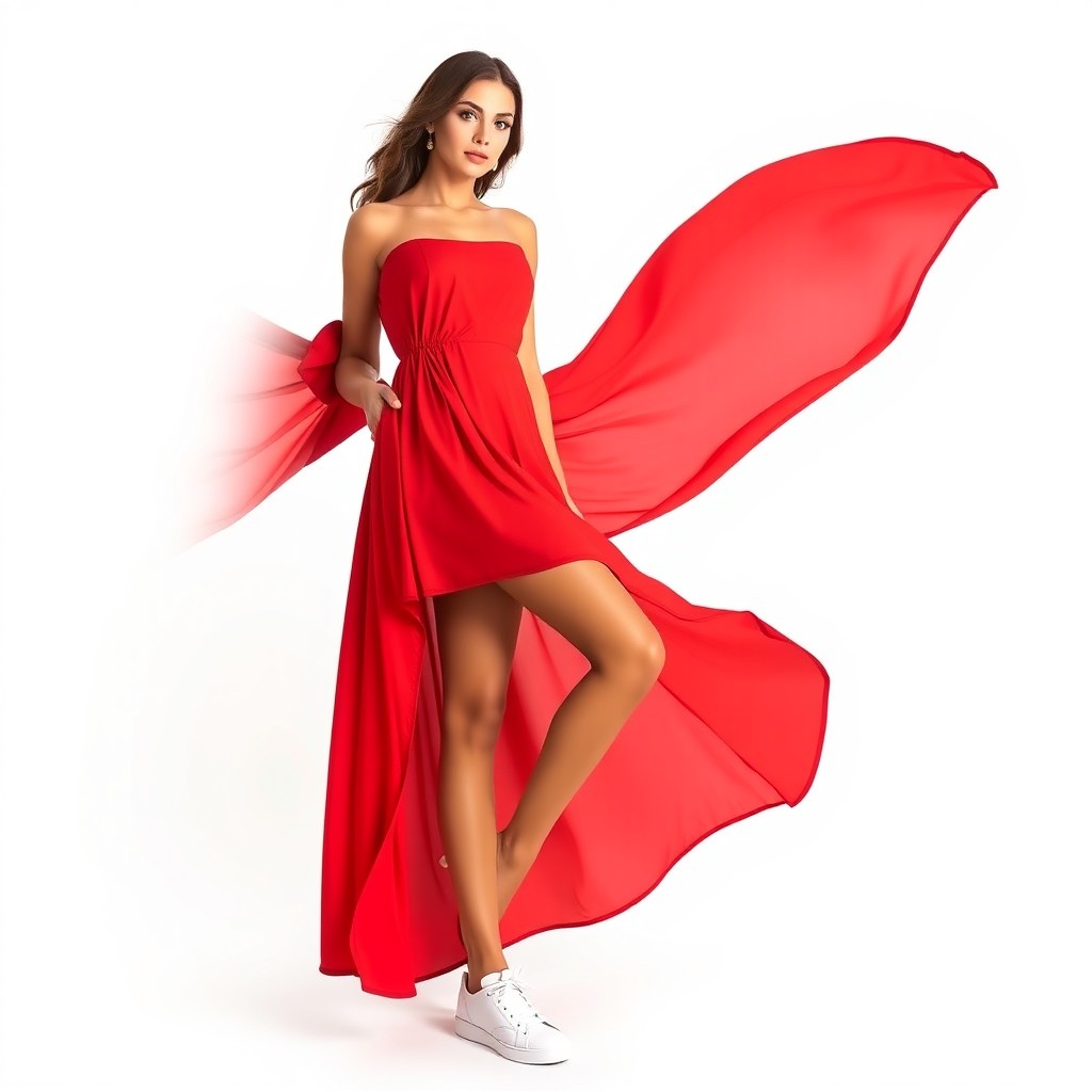A realistic portrayal of a confident woman wearing a flowing red dress that elegantly drapes around her