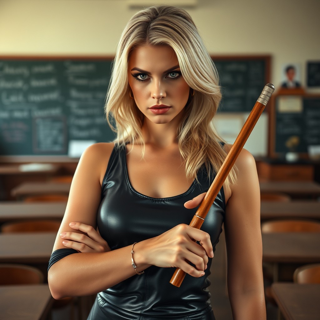 A young blonde teacher with striking makeup and a strict, stern gaze