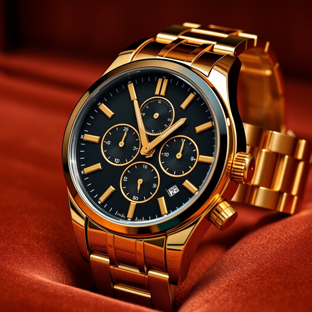 A luxurious watch featuring a sleek black dial and crafted from elegant gold stainless steel