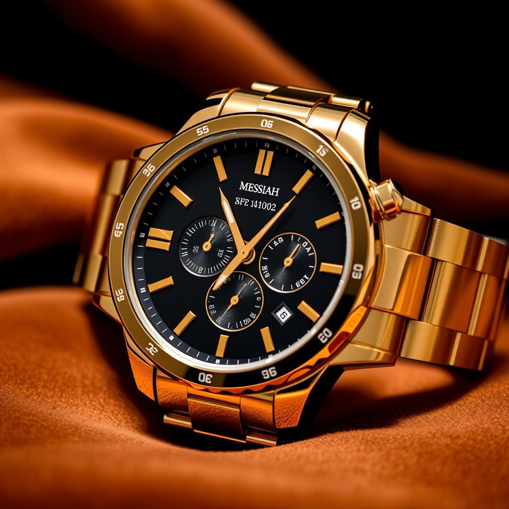 A luxurious watch featuring a sleek black dial and crafted from elegant gold stainless steel, prominently displaying the brand name 'MESSIAH' on the dial
