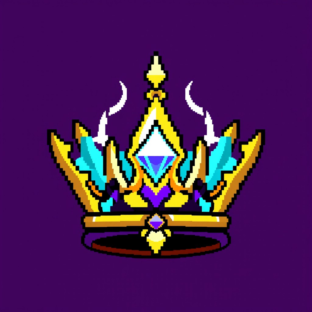 A vibrant pixel art representation of a 'Crown of Chaos' designed in a 32x32 pixel format using a maximum of four colors: dark purple, gold, neon cyan, and white