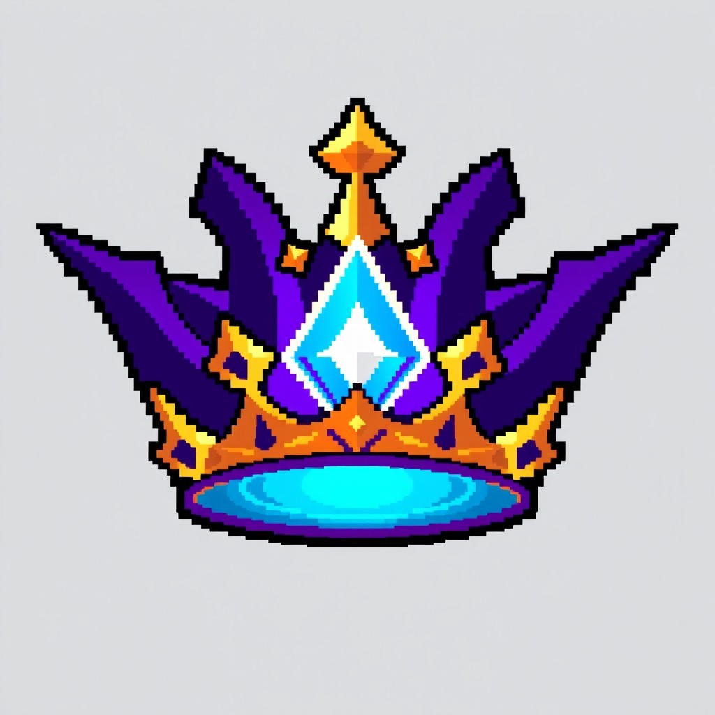 A vibrant, clean, and sharp pixel art representation of a 'Crown of Chaos', designed within a 32x32 pixel grid using a maximum of four colors: dark purple, gold, neon cyan, and white