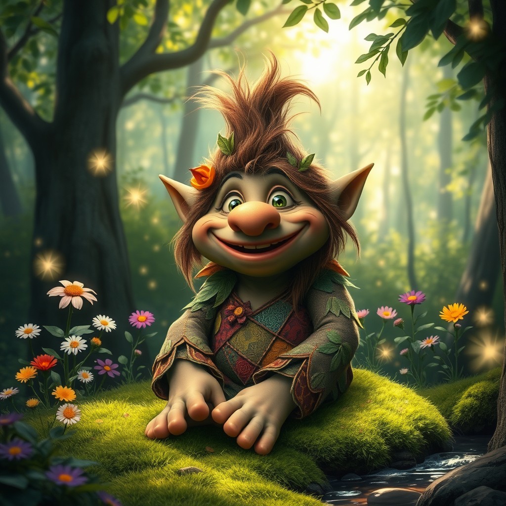 A whimsical and friendly troll sitting in a lush green forest, surrounded by colorful flowers and sparkling fireflies