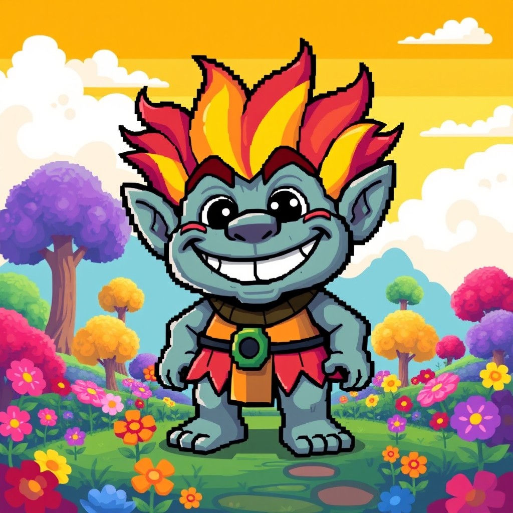 A pixelated troll design in a vibrant and whimsical style, standing in a colorful fantasy landscape filled with pixel art trees and flowers