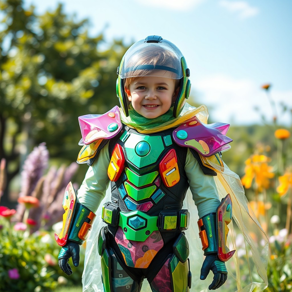 A creative and vibrant costume designed for a boy, made entirely from recycled plastic materials