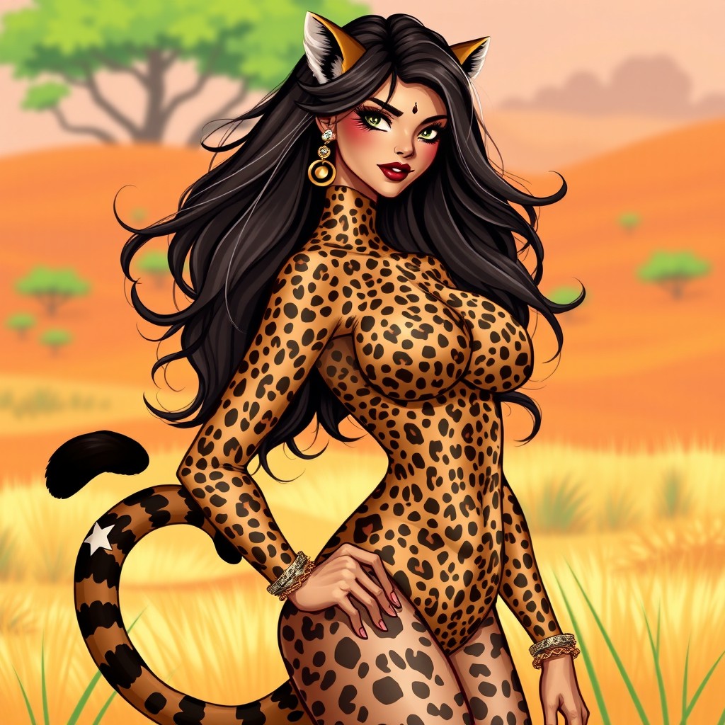 A stunning cheetah girl character, exuding confidence and allure, dressed in stylish cheetah-patterned clothing that highlights her curves