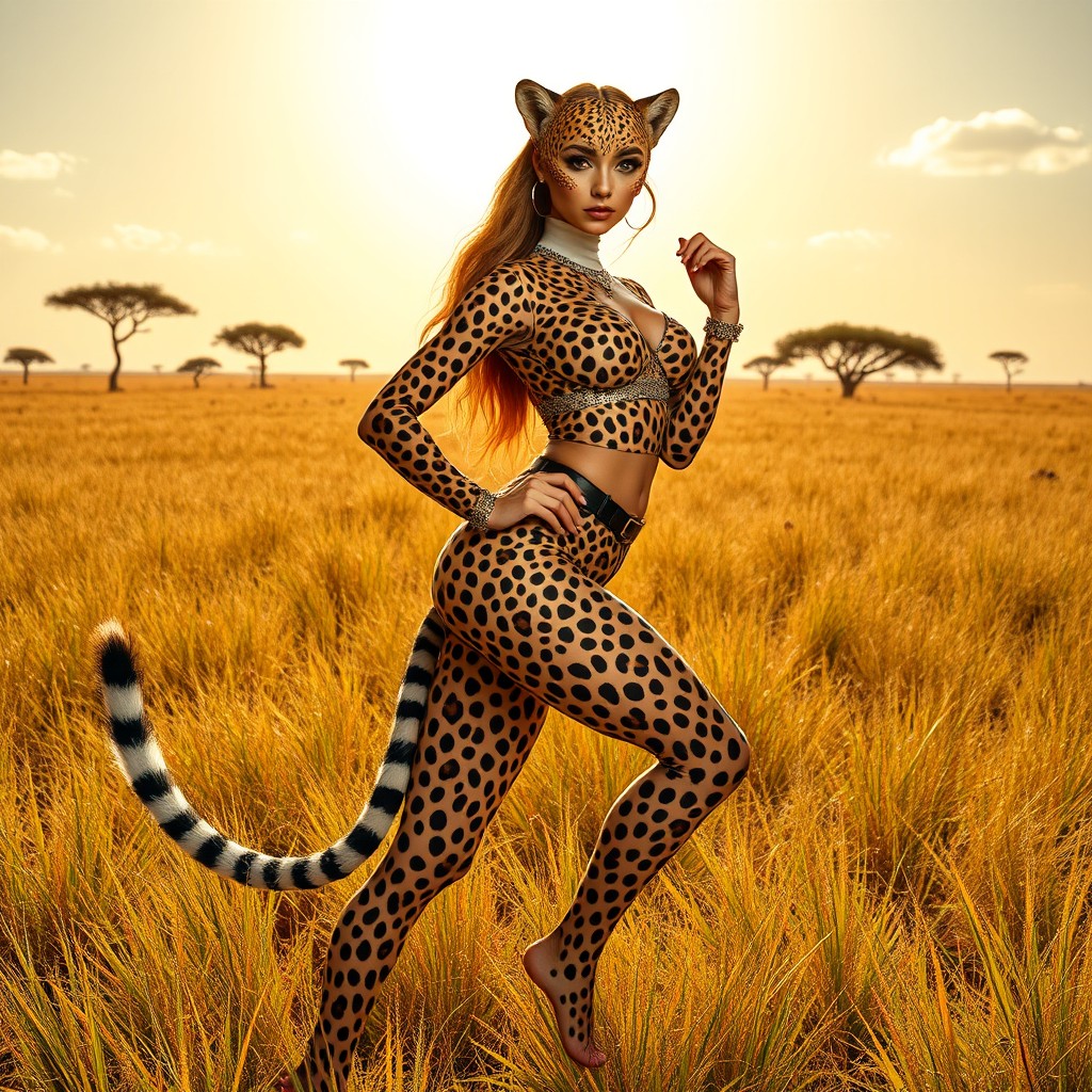 A stunning cheetah girl with striking features, wearing fashionable cheetah-patterned clothing that highlights her curves