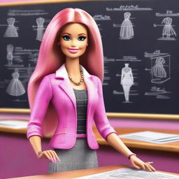 A high-quality digital art image showcasing a Barbie doll in the role of a fashion teacher