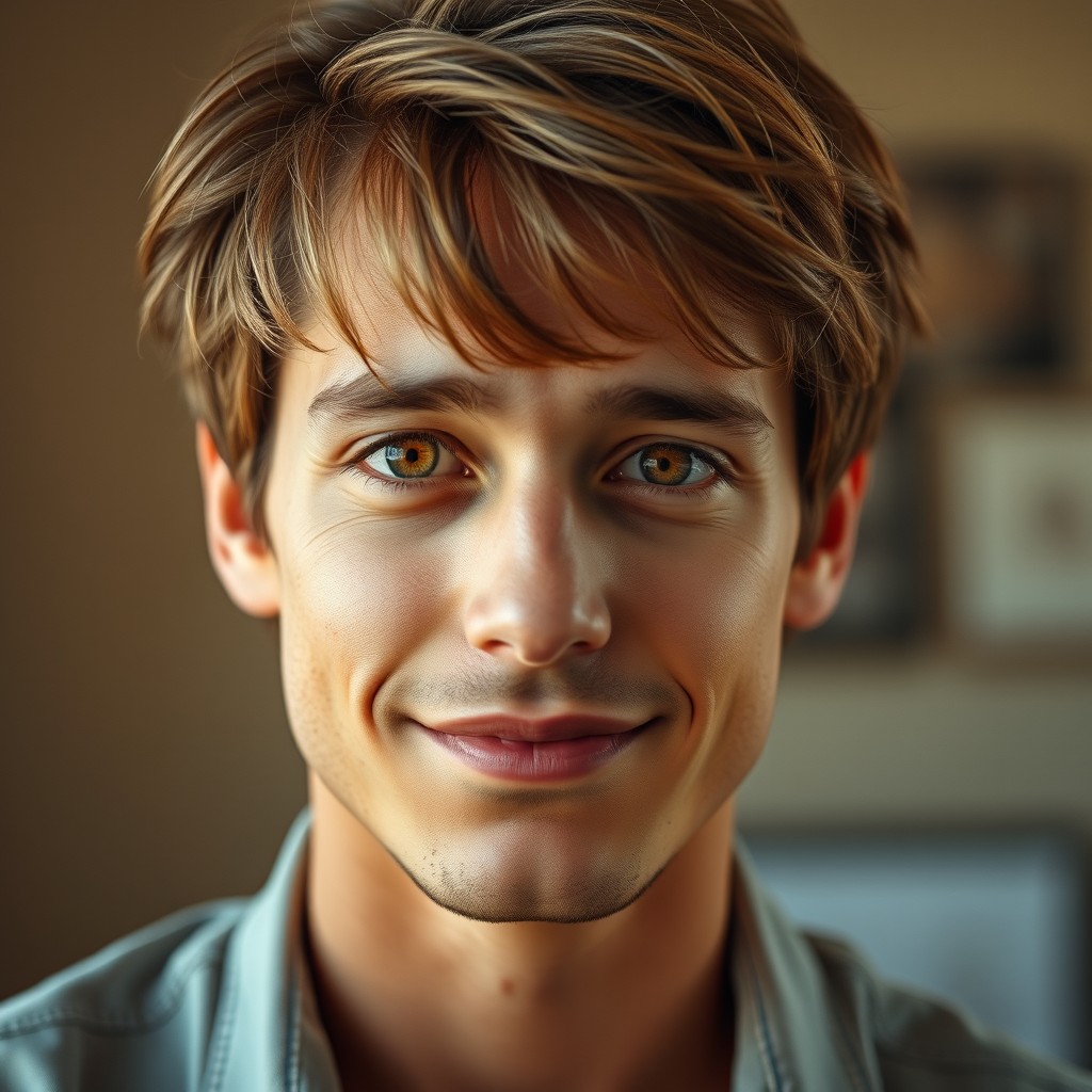 A portrait of a young man in his late 30s, showcasing his unique features including light brown, disheveled hair with bangs, honey-colored egg-shaped eyes, a prominent nose, and full lips