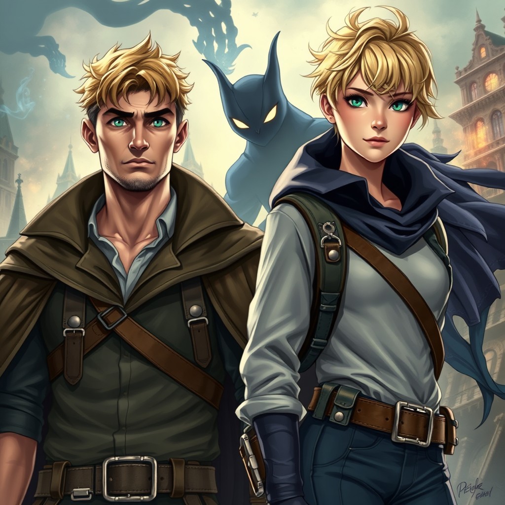 A fantasy book cover featuring a scene with two main characters from a magical detective adventure