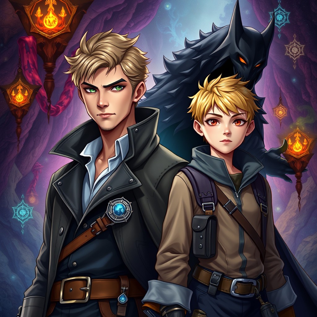 A fantasy book cover showcasing an adventure-mystery theme featuring two main characters