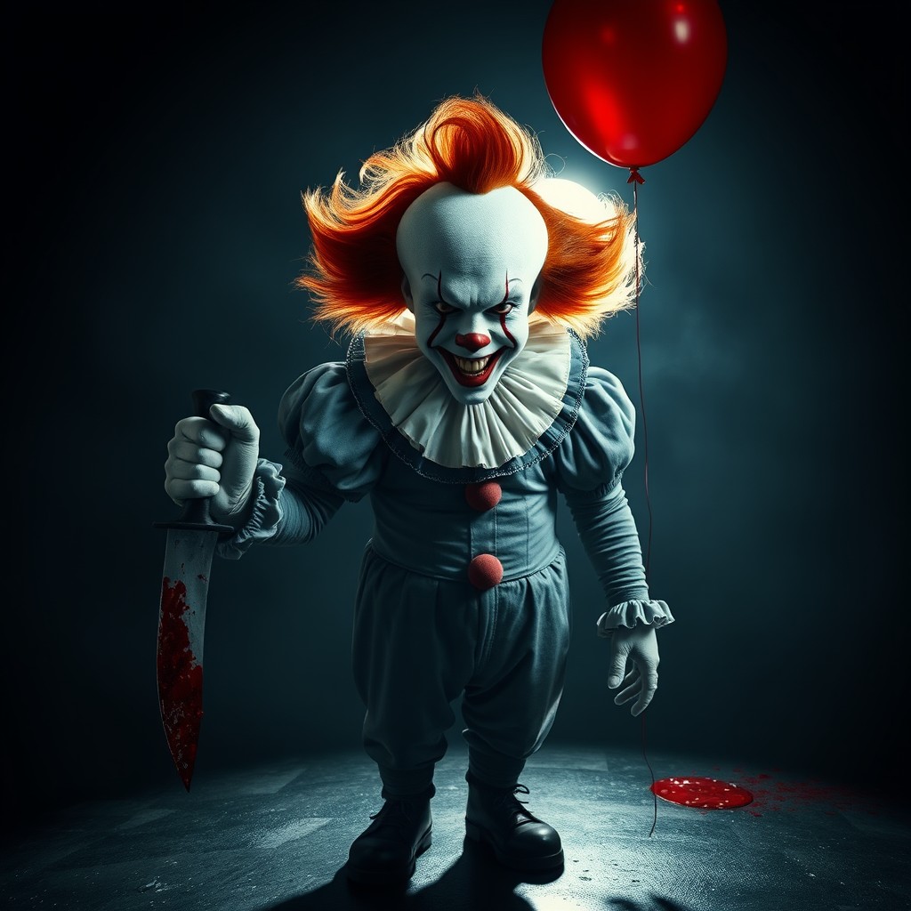 A terrifying yet captivating portrait of Pennywise the Clown, captured in an eerie atmosphere