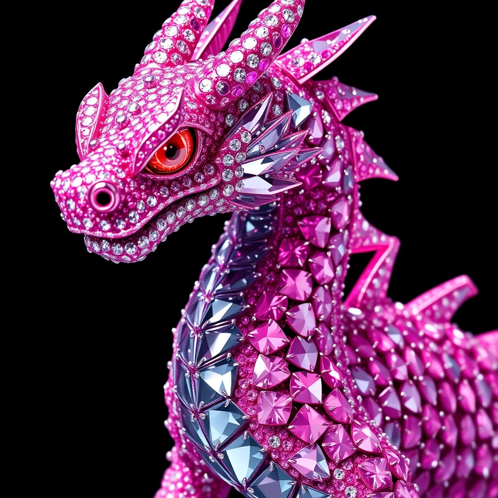 A stunning diamond encrusted dragon with shimmering pink and purple scales that sparkle with light refraction