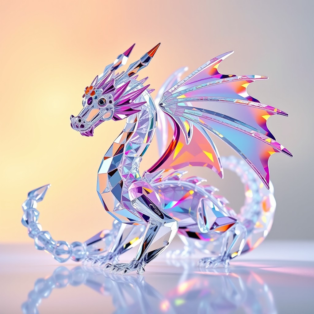 An elegant Swarovski-style crystal dragon, intricately designed with multifaceted crystal scales that refract light beautifully