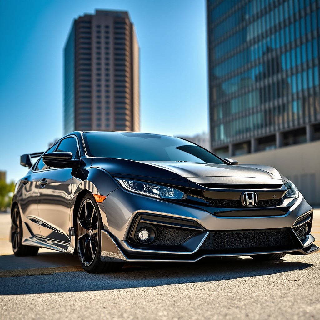 A customized Honda Civic Si with a K24 engine, wrapped in a stunning gradient design that transitions smoothly from black to dark gray and finally to light gray