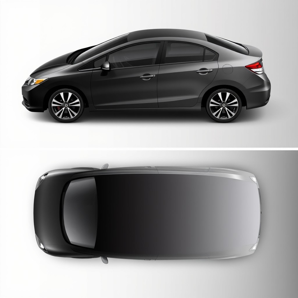 Design a car wrap for a 2015 Honda Civic that features a gradient effect starting from the hood and transitioning smoothly to the rear of the vehicle