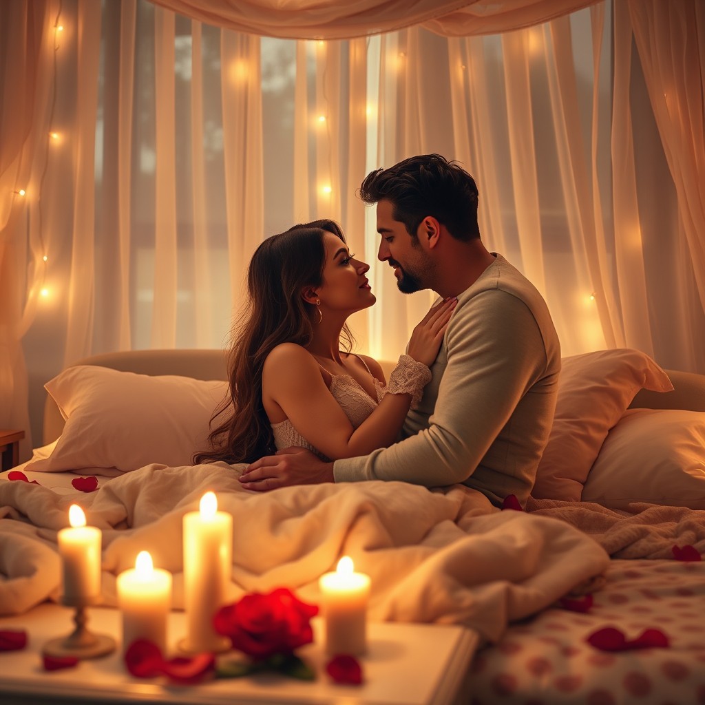 A romantic scene featuring two lovers in a cozy bedroom filled with soft lighting