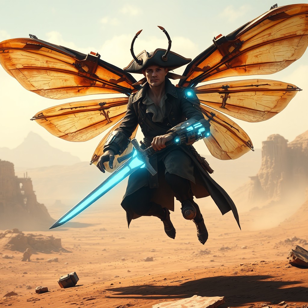 A powerful insectoid faerie captain inspired by Horizon Zero Dawn and Treasure Planet, hovering slightly above the ground in a desolate post-apocalyptic landscape