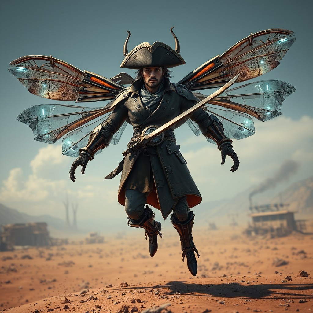 A powerful insectoid faerie captain inspired by Horizon Zero Dawn and Treasure Planet, hovering slightly above the ground in a desolate post-apocalyptic landscape