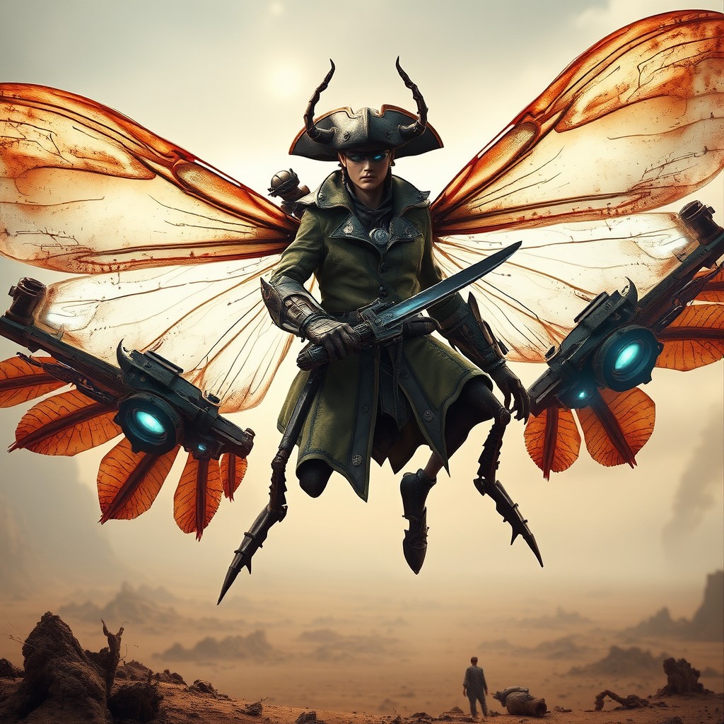 A powerful insectoid faerie captain inspired by Horizon Zero Dawn and Treasure Planet, hovering slightly above the ground in a desolate post-apocalyptic landscape