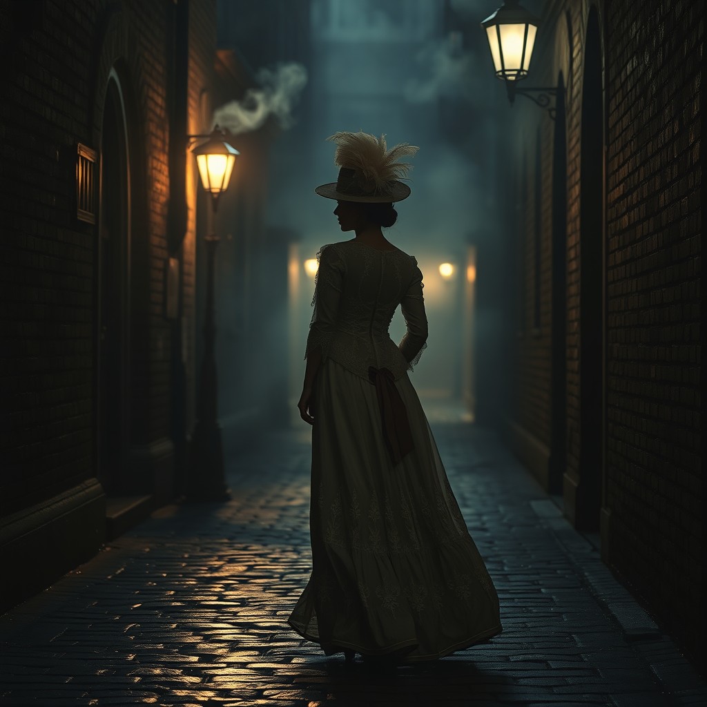 A Victorian woman from the 1890s elegantly walking down a dark alleyway