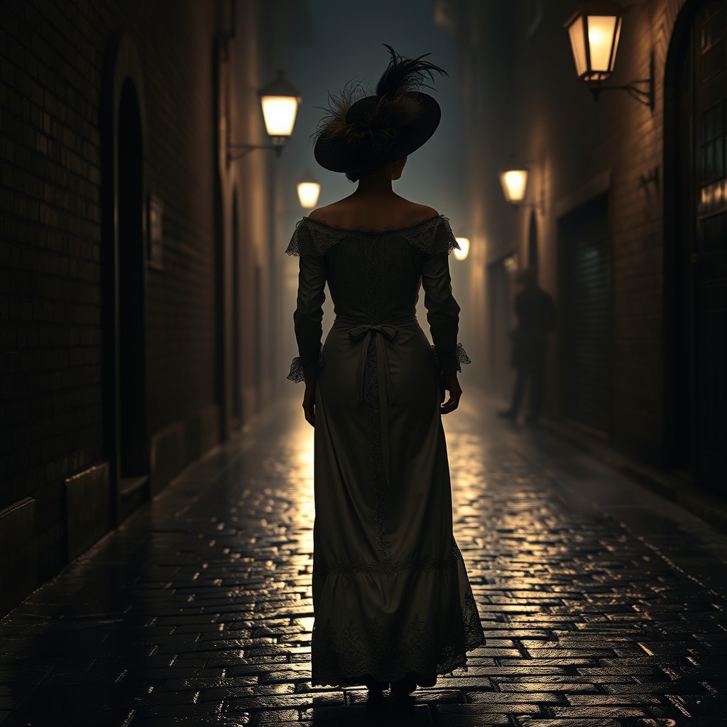 The rear view of a Victorian woman from the 1890s walking down a dark alleyway