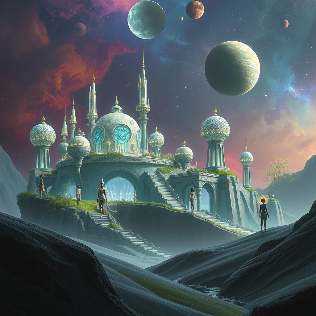 An ethereal space civilization on a distant planet, showcasing stunning architecture that blends nature with advanced technology