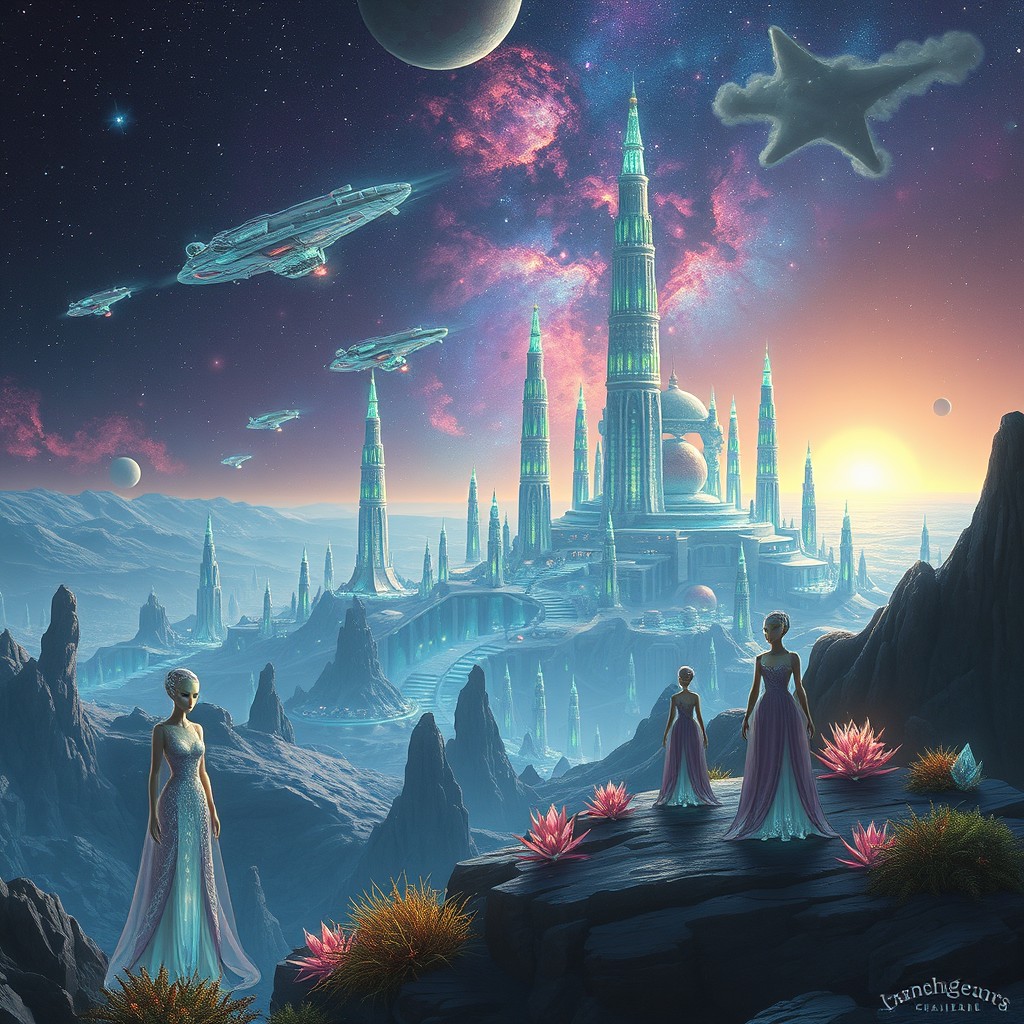 An ethereal space civilization situated on a distant, alien planet, featuring towering, luminescent structures that shimmer under a vibrant nebula sky