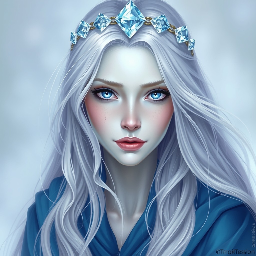 Ethereal Portrait of a Mystical Woman with Ice Blue Eyes