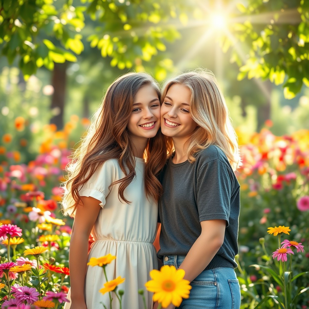 A heartwarming scene featuring two cute teenage girls sharing a sweet kiss in a blooming garden filled with colorful flowers and vibrant greenery