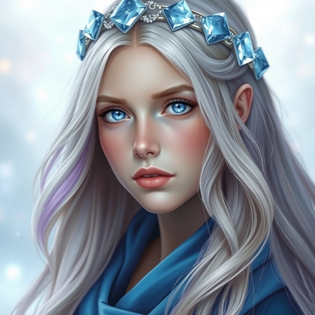 A stunning portrait of a young woman with long, flowing blonde hair that gradually fades into vibrant purple at the tips