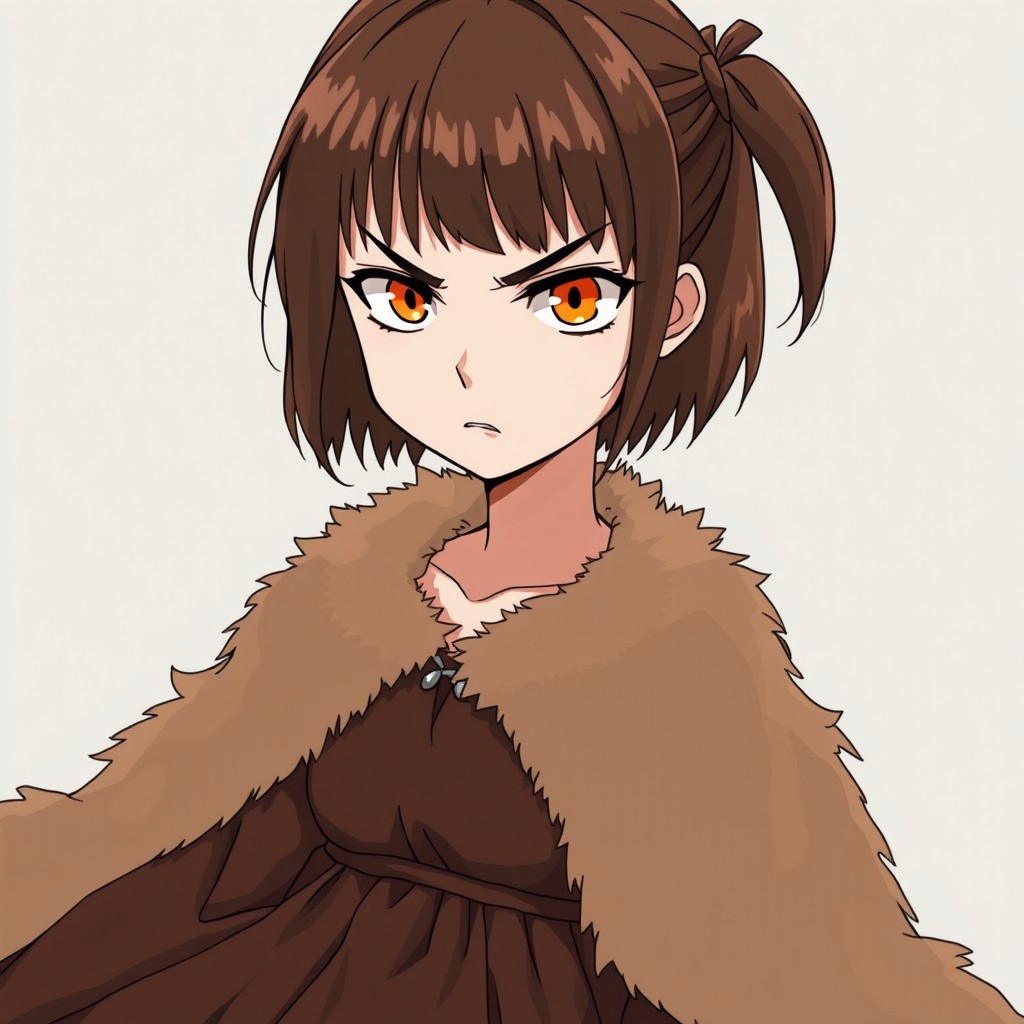 An anime girl with chin-length brown hair and striking animalistic eyes